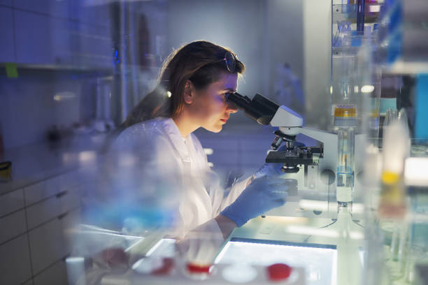 istock Working with medical samples. Woman using microscope. Futuristi laboratory 1253518521