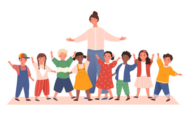 Female teacher with a class of diverse children Female teacher with a class of diverse young children playing games and waving over white, colored vector illustration teacher clipart stock illustrations