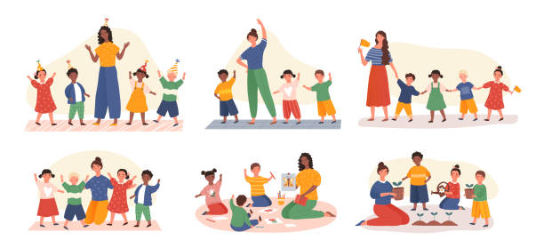 Six designs of young kids in kindergarten class Six designs of groups of diverse young kids in kindergarten class with their teachers doing various activities, colored vector illustration people working together clip art stock illustrations
