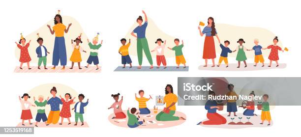Six Designs Of Young Kids In Kindergarten Class Stock Illustration - Download Image Now - Child, Playing, Illustration