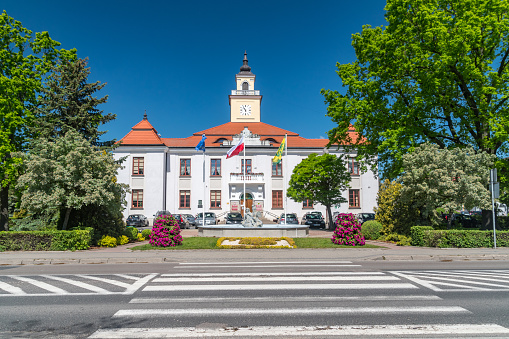 Ostrow Mazowiecka, Poland - June 2, 2020: Town hall of Ostrow Mazowiecka.