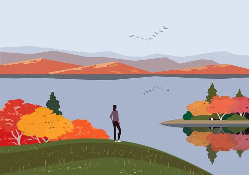 Autumn nature landscape. Colorful minimal cartoon. Fall season banner background. Enjoy of calm river water, red maple autumn hill. Alps mountain valley lake scenic view. Outdoors vector Illustration