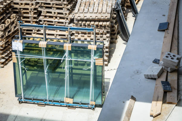 istock Stand with large glass panes on the construction site 1253524070