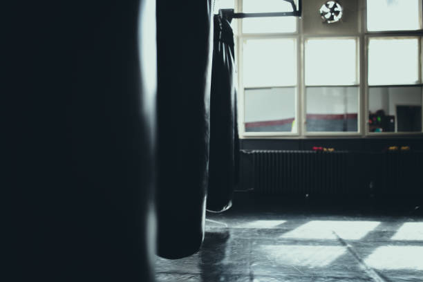 istock Punching bags hanging in empty gym 1253527995
