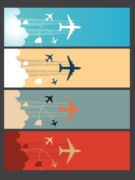 Travel abstract banner set Vector banner set of crisscrossing lines of multiple passenger planes on the way to their locations. Empty space for you edit info. EPS10 ai file format. airplane flying cirrus sky stock illustrations