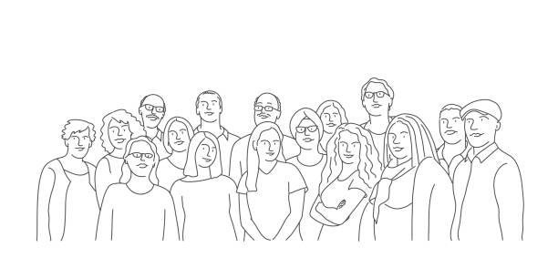 Group of people. Teamwork. Group of people. Teamwork. Line drawing vector illustration. crowd of people drawings stock illustrations