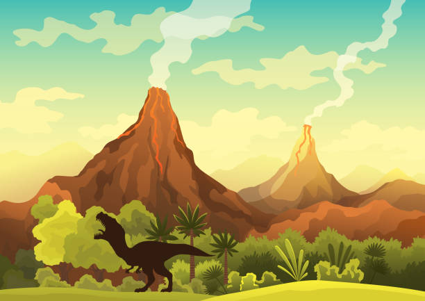 Prehistoric landscape - volcano with smoke, mountains, dinosaurs and green vegetation. Vector illustration of beautiful prehistoric landscape and dinosaurs Prehistoric landscape - volcano with smoke, mountains, dinosaurs and green vegetation. Vector illustration of beautiful prehistoric landscape and dinosaurs. dinosaur stock illustrations