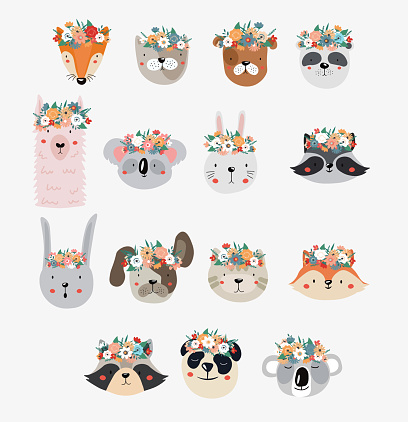 Set of cute cartoon animals with flower crowns
