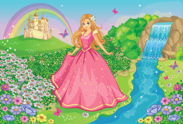 illustrazioni stock, clip art, cartoni animati e icone di tendenza di bella principessa in un vestito rosa. fata carina. sfondo fiabesco con prato fiorito o parco, castello, arcobaleno. paese delle meraviglie. paesaggio magico. illustrazione di cartoni animati per bambini. storia romantica. vettore. - rainbow flower meadow nature