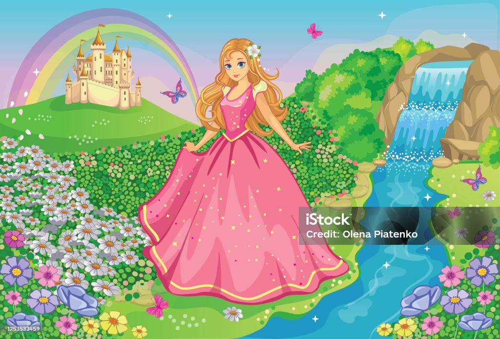 Beautiful Princess In A Pink Dress Cute Fairy Fairytale Background With  Flower Meadow Or Park Castle Rainbow Wonderland Magical Landscape Childrens  Cartoon Illustration Romantic Story Vector Stock Illustration - Download  Image Now -