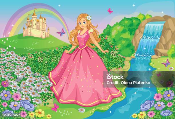 Beautiful Princess In A Pink Dress Cute Fairy Fairytale Background With  Flower Meadow Or Park Castle