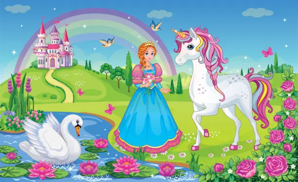 Vector illustration of Beautiful Princess with white unicorn and Swan. Fairytale background with flower meadow, castle, rainbow, lake. Wonderland. Magical landscape. Children's cartoon illustration. Romantic story. Vector.