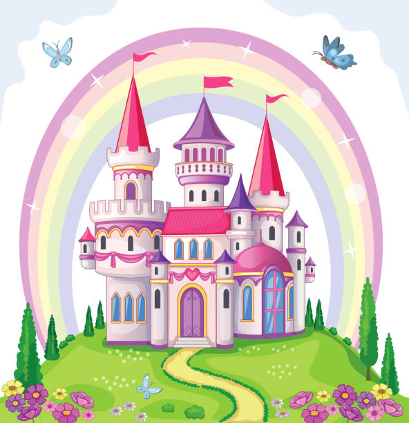 illustrazioni stock, clip art, cartoni animati e icone di tendenza di castello fiabesco per principessa, regno magico. palazzo vintage e bellissimo prato fiorito con arcobaleno. paese delle meraviglie. illustrazione di cartoni animati per bambini. storia romantica. vettore. - rainbow flower meadow nature