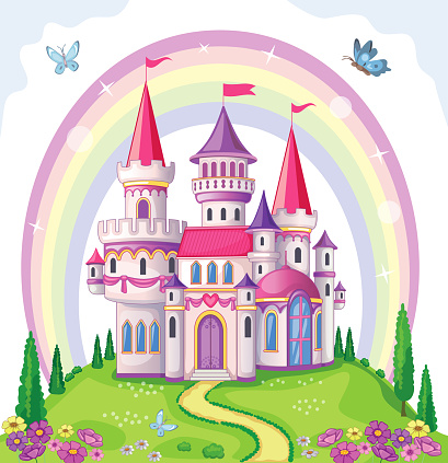 Fairy-tale castle for Princess, magic kingdom. Vintage Palace and beautiful flower meadow with rainbow. Wonderland. Children cartoon illustration. Romantic story. Vector.