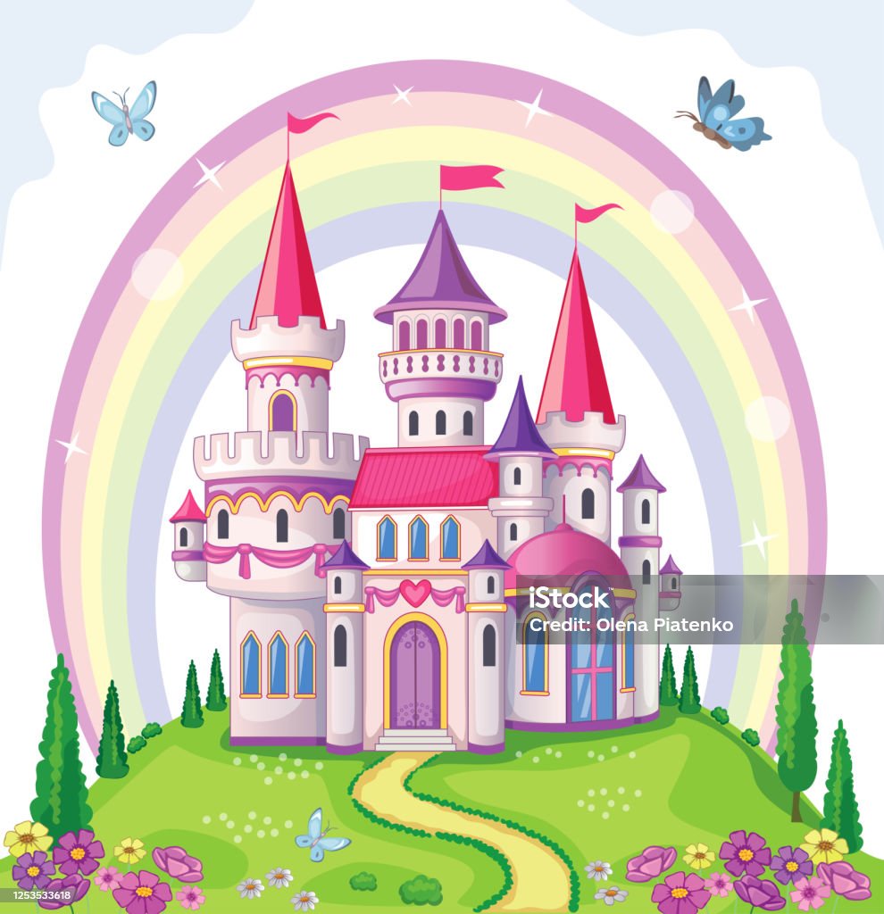 Fairytale Castle For Princess Magic Kingdom Vintage Palace And Beautiful  Flower Meadow With Rainbow Wonderland Children Cartoon Illustration  Romantic Story Vector Stock Illustration - Download Image Now - iStock