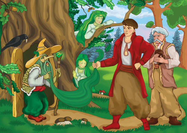 istock Ukrainian folk tale about sorcerer Oh. Children's fabulous illustration, suitable for puzzles and decorations. Evil magician or gnome with green beard, boy hero, mermaids, old man. Fairy forest. 1253534291