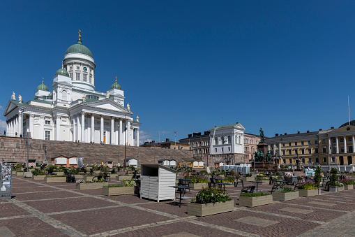 Helsinki, Finland - jun 27th 2020: Senate square, downtown Helsinki, is transformed into a giant restaurant area. 16 restaurants are providing their specialities to customers during summertime.