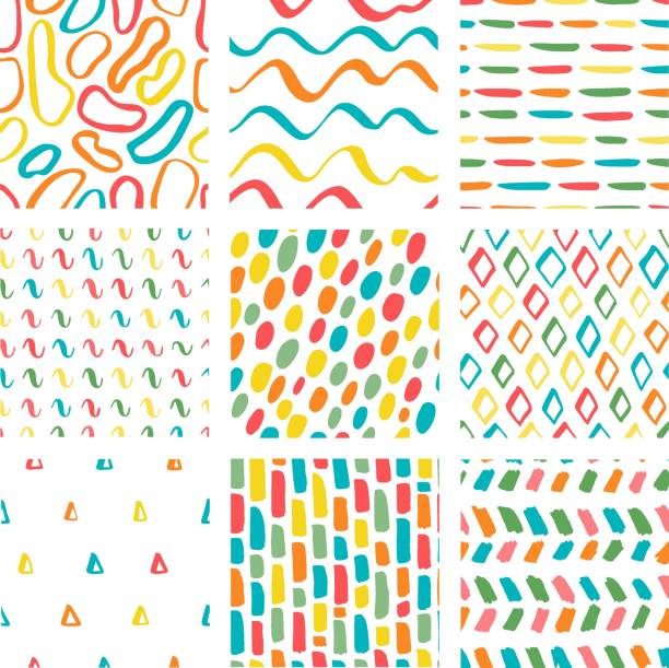 Vector seamless pattern pack. Set of handdrawn patterns. Colored. Pattern pack. Vector seamless patterns set in scandinavian style. Vivid colored summer collection backdrops for printing on paper or fabric. Many circles, brushstrokes, diamonds, triangles, waves. drawing of pink and black polka dot wallpaper stock illustrations
