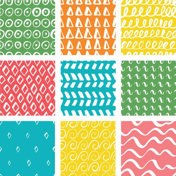 Vector seamless pattern pack. Set of handdrawn patterns. Colored. Pattern pack. Vector seamless patterns set in scandinavian style. Vivid colored summer collection backdrops for printing on paper or fabric. Many circles, brushstrokes, diamonds, triangles, waves. drawing of pink and black polka dot wallpaper stock illustrations