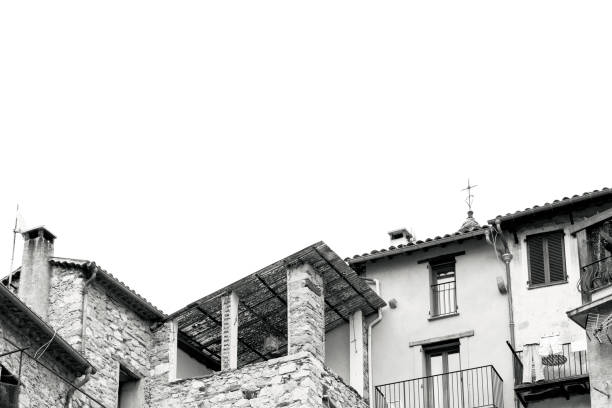 Rear view of old houses, black and white, background with copy space, full frame horizontal composition