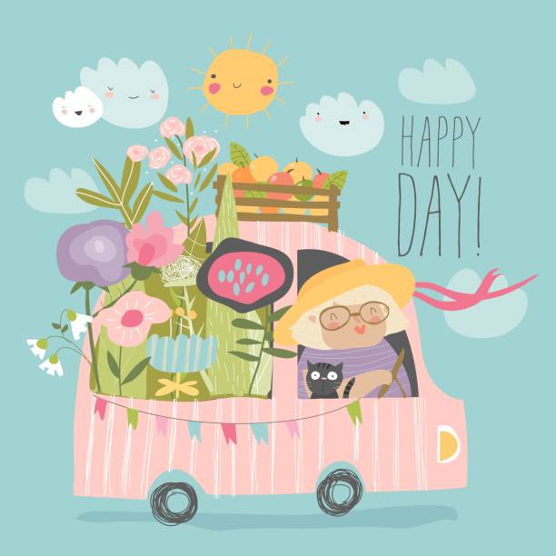ilustrações de stock, clip art, desenhos animados e ícones de cartoon happy grandmother driving a car with flowers - apple granny smith apple green vector