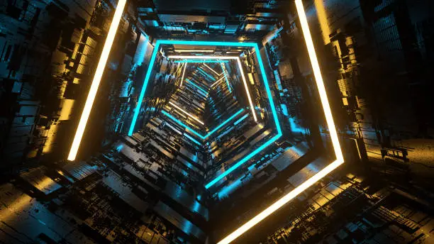 Photo of Spaceship corridor, sci-fi spaceship tunnel. Futuristic technology abstract seamless VJ for tech titles and background. graphic for internet, speed. 3D Rendering