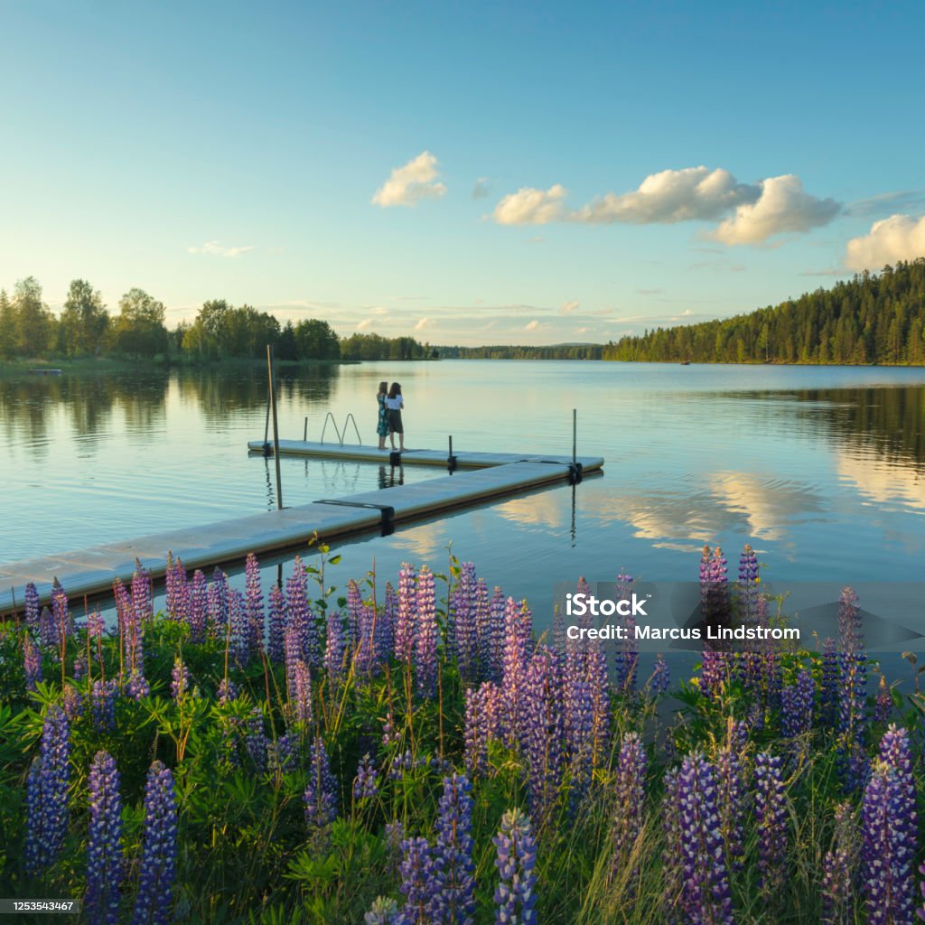 Summer evening at the lake Two girls standing on a jetty at a peaceful lake on a summer evening. Sweden Stock Photo