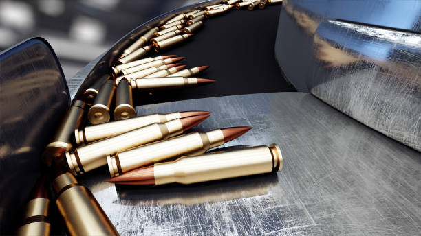 총알의 생산 과정. 산업 개념. 공장 장비와 마신. 강철. 3d 렌더링. - bullet ammunition gun rifle 뉴스 사진 이미지
