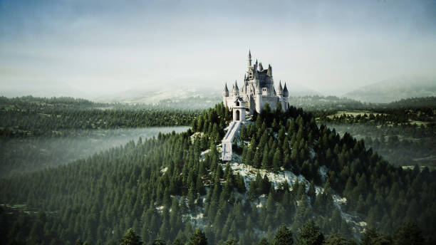 velho castelo de contos de fadas na colina. vista aérea. renderização 3d. - castle fantasy fairy tale medieval - fotografias e filmes do acervo