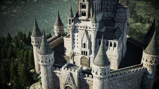 istock Old fairytale castle on the hill. aerial view. 3d rendering. 1253546247
