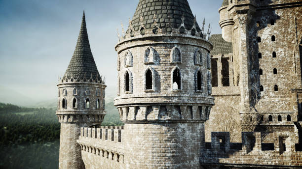 istock Old fairytale castle on the hill. aerial view. 3d rendering. 1253546258