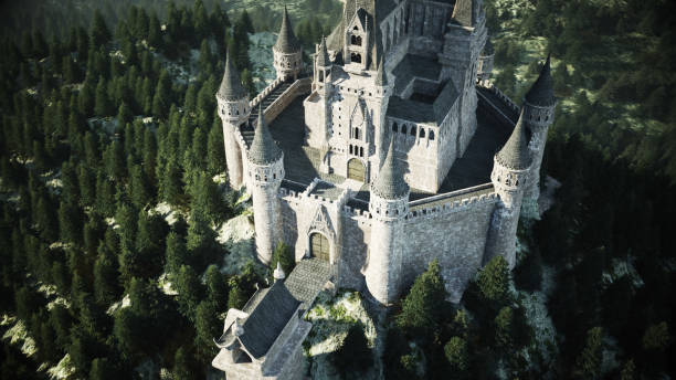 istock Old fairytale castle on the hill. aerial view. 3d rendering. 1253546290