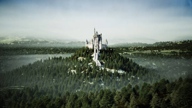istock Old fairytale castle on the hill. aerial view. 3d rendering. 1253546296