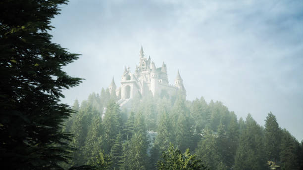 istock Old fairytale castle on the hill. aerial view. 3d rendering. 1253546304