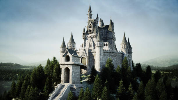 antiguo castillo de cuento de hadas en la colina. vista aérea. renderizado en 3d. - castle fotografías e imágenes de stock