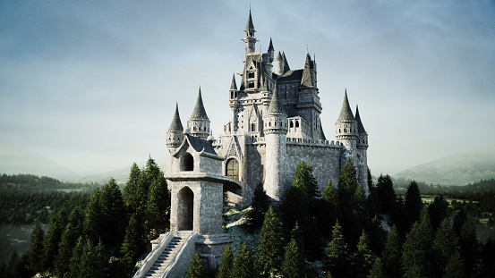 Old fairytale castle on the hill. aerial view. 3d rendering.