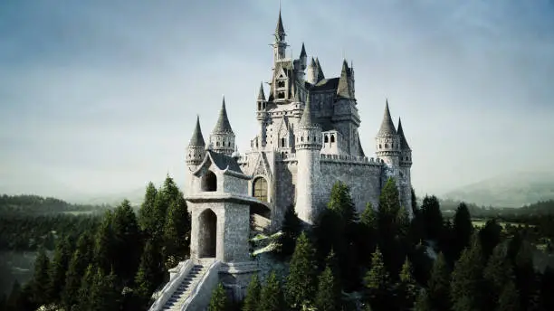 Photo of Old fairytale castle on the hill. aerial view. 3d rendering.