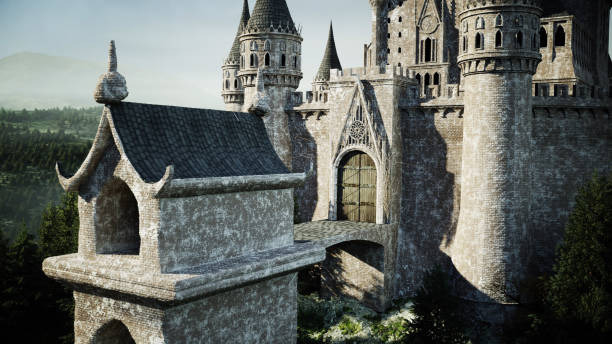 istock Old fairytale castle on the hill. aerial view. 3d rendering. 1253546332