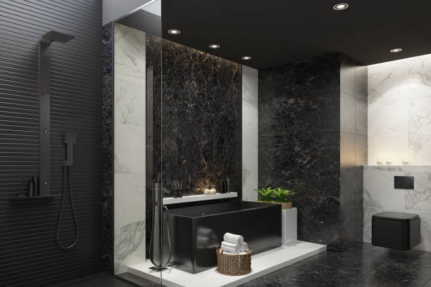 Luxurious modern home spa bathroom with black and white marble tiles