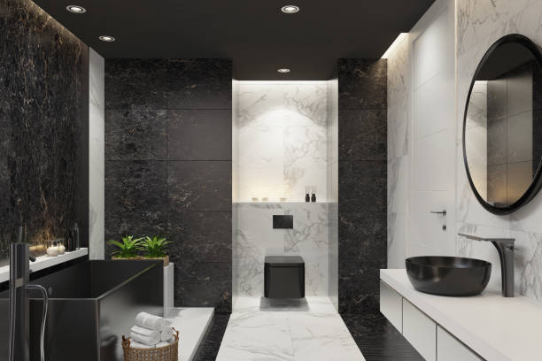 istock Luxurious modern home spa bathroom with black and white marble tiles 1253546889