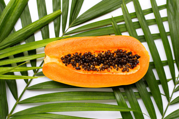 istock Ripe papaya on tropical palm leaves. Top view 1253551562