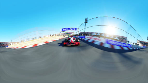istock 360 degrees, spherical video. Race car. Very fast driving 3d rendering. 1253551881
