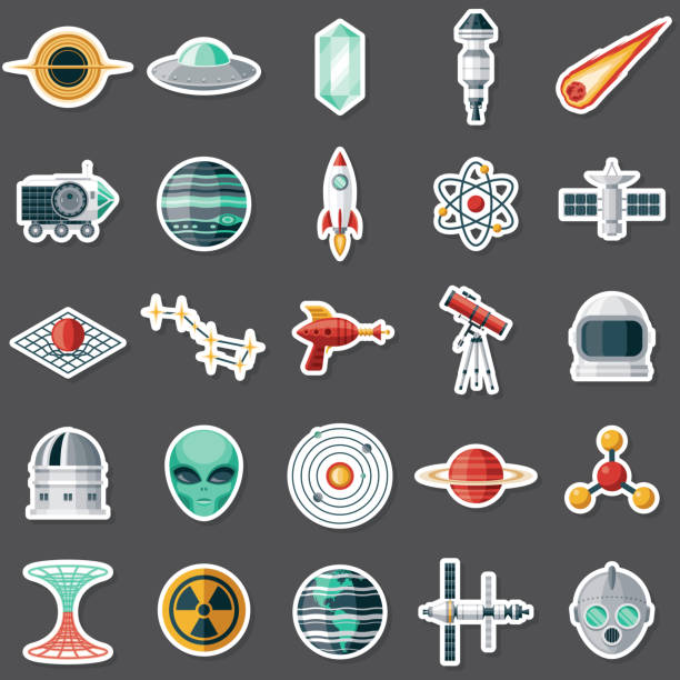 Science Fiction Sticker Set A set of stickers. File is built in the CMYK color space for optimal printing. Color swatches are global so it’s easy to edit and change the colors. astronaut clipart stock illustrations