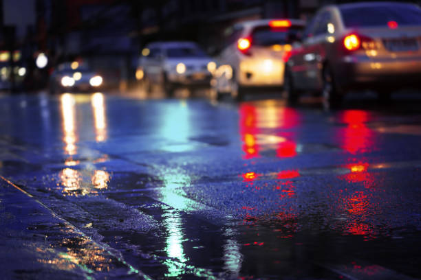 istock Night scene of city light after hard rain fall. 1253555163