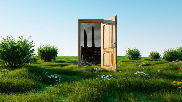 istock opened door. A portal between nature and ecological catastrophe, apocalypse. 3d rendering. 1253556838