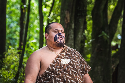Maori tribes traditional greeting show. Vicinity of Rotorua town. The Maori are the indigenous Polynesian people of New Zealand. Rotorua, New Zealand - January 13 2018.