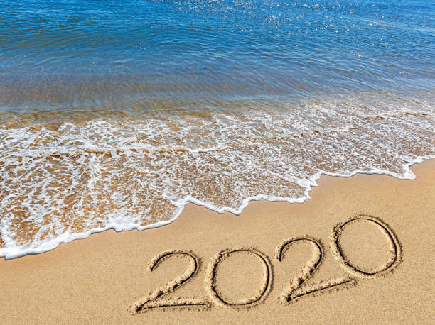 istock sea, sky, clouds, sand, footprints, inscription 2020, 1253566539