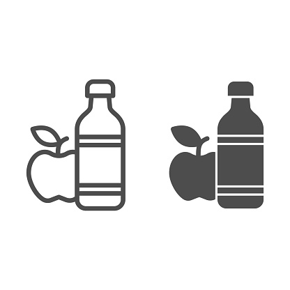 Apple and mineral water line and solid icon, healthy lifestyle concept, bottle of water and fruit sign on white background, mineral water and apple icon in outline style for mobile. Vector graphics