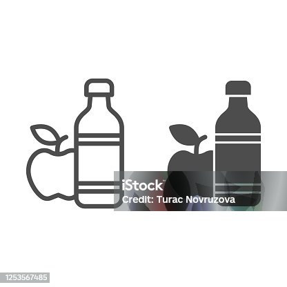 istock Apple and mineral water line and solid icon, healthy lifestyle concept, bottle of water and fruit sign on white background, mineral water and apple icon in outline style for mobile. Vector graphics. 1253567485