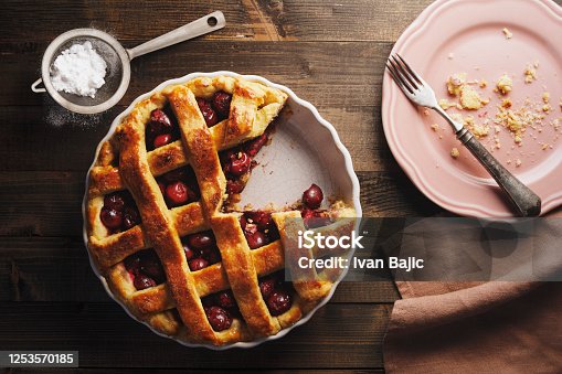 istock Freshly Baked Cherry Pie with Lattice Top 1253570185